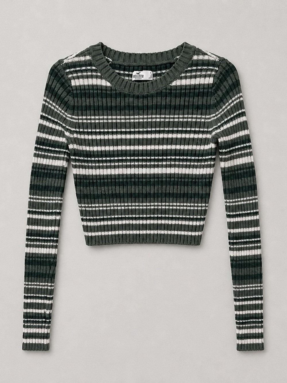 Hollister Ribbed Striped Crewneck Sweater — Dark Green & White
